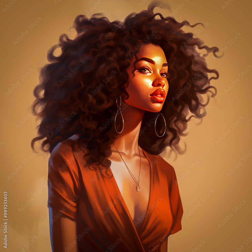 Fototapeta premium A stylized portrait of a woman with voluminous curly hair, wearing earrings and a necklace, set against a warm-toned background, exuding confidence and elegance