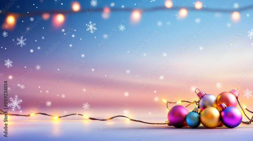 Fototapeta premium Bright, joyful holiday background featuring a colorful mix of Christmas lights, festive ornaments, and snowflakes falling over a soft night sky.