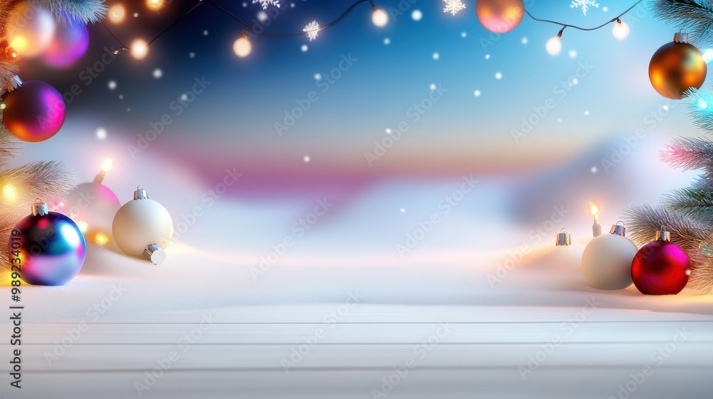 Fototapeta premium Bright, joyful holiday background featuring a colorful mix of Christmas lights, festive ornaments, and snowflakes falling over a soft night sky.