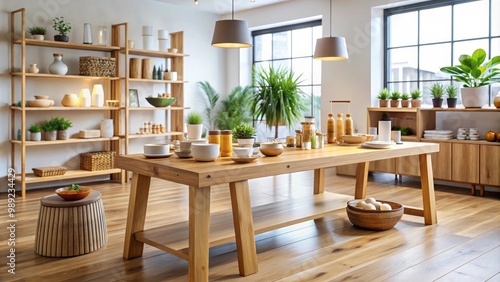 Interior of a bright and spacious retail store displaying homeware products on wooden tables and shelves