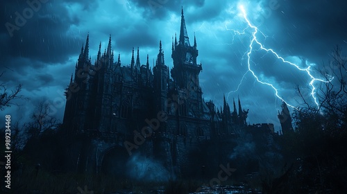 Shadowed Secrets: Hyper-Realistic Gothic Castle in a Stormy Night with Eerie Atmosphere