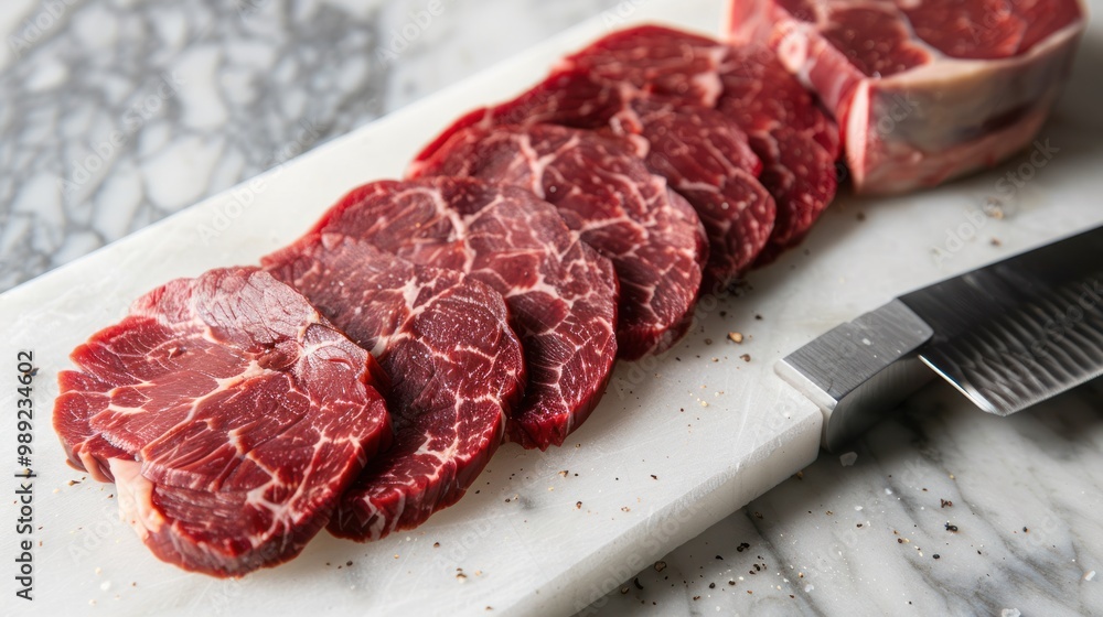 Raw Beef Slices on Marble Cutting Board Raw Beef Slices on Marble Cutting Board