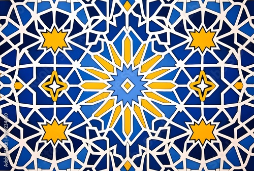 Islamic Geometric Pattern in Blue, White, and Yellow photo