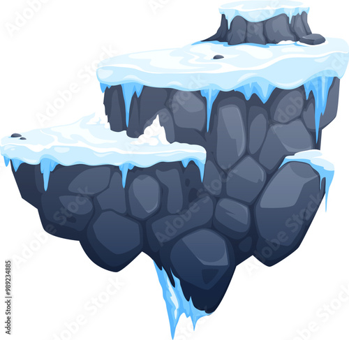 Arcade game platform with ice and snow on stone rock levels, vector cartoon asset for winter game. Floating island or levitation mountain rock stones platform with snow and ice for adventure game