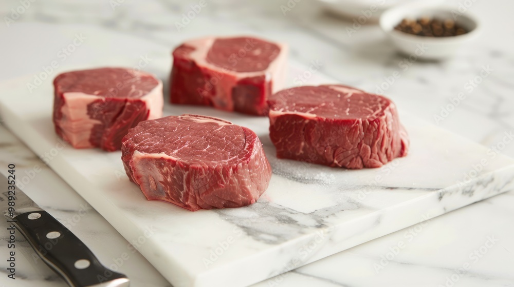 Raw Steaks on a Marble Cutting Board Raw Steaks on a Marble Cutting Board