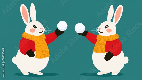 Rabbit in a snowball fight, dodging and throwing snowballs, winter fun and playful, cartoon style photo