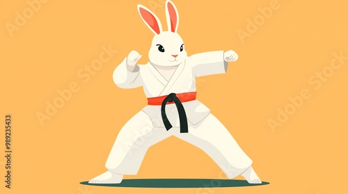 Rabbit in karate uniform, performing a high kick in a dojo, actionpacked and dynamic, cartoon style