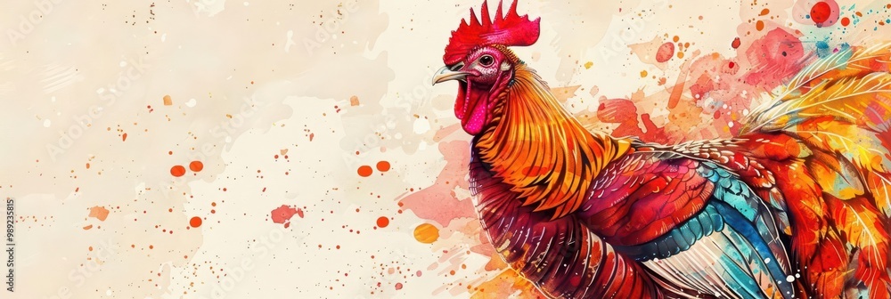 Naklejka premium A colorful rooster illustration featuring vibrant hues and artistic splashes, ideal for thanksgiving, farm-themed designs.