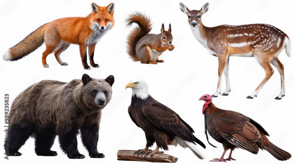 Flat cartoon Illustration of Woodland Forest Animals, cute Deer, Rabbit, Fox, Robin Bird, Fox Club, Squirrel.Badger. Vector clipart of wildlife for children book. Flat cartoon Illustration of Woodland Forest Animals, cute Deer, Rabbit, Fox, Robin Bird, Fox Club, Squirrel.Badger. Vector clipart of wildlife for children book.