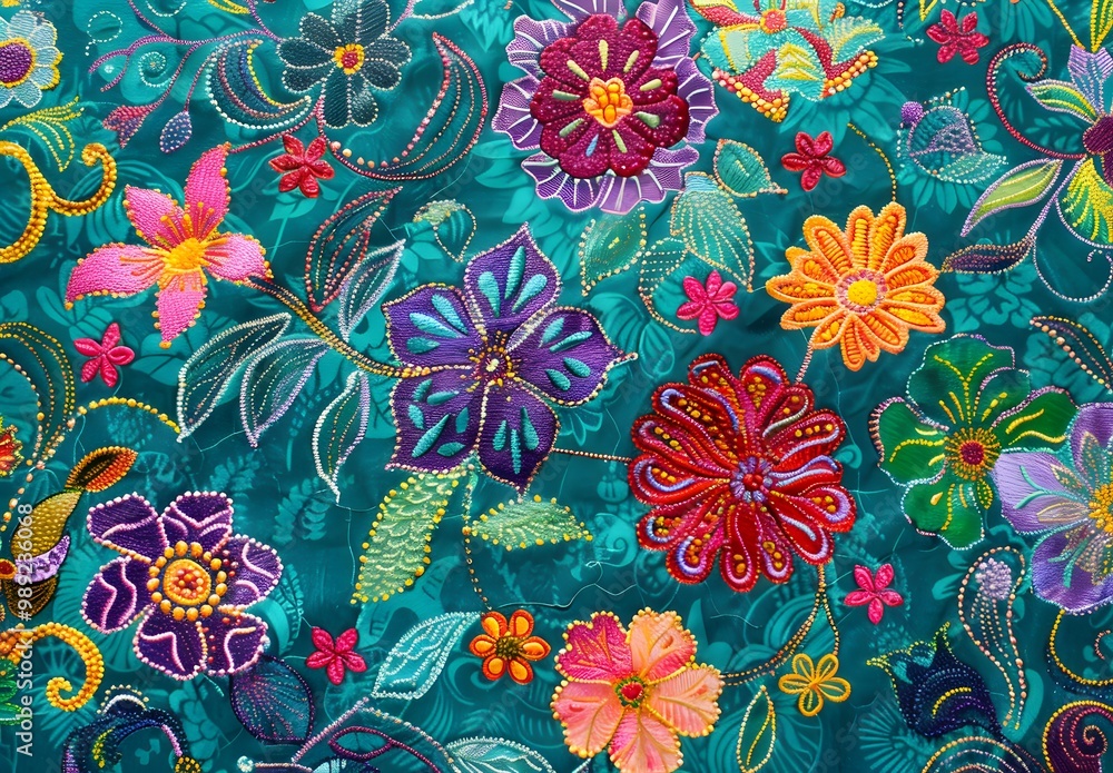 Javanese Batik Fabric Pattern with Floral Embroidery Javanese Batik Fabric Pattern with Floral Embroidery