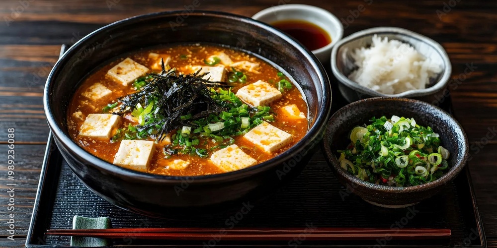 A bowl of Japanese miso soup with tofu, seaweed, and green onions, served alongside a traditional Japanese meal A bowl of Japanese miso soup with tofu, seaweed, and green onions, served alongside a traditional Japanese meal