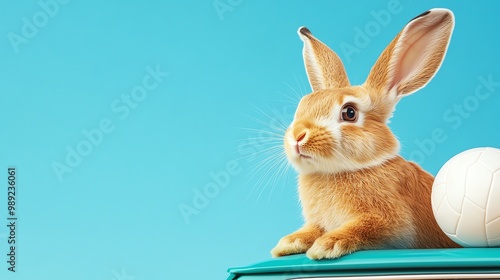 Rabbit playing volleyball on the beach, jumping to spike the ball, sunny and vibrant atmosphere photo