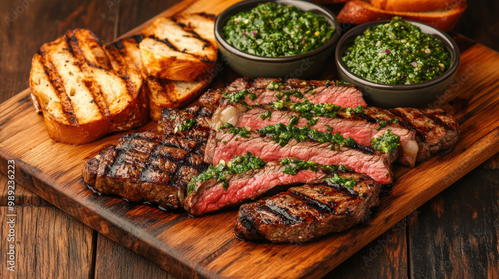 Savor delicious grilled steak slices served on rustic wooden board, accompanied by vibrant chimichurri sauce and toasted bread. This dish is perfect for meat lovers! Savor delicious grilled steak slices served on rustic wooden board, accompanied by vibrant chimichurri sauce and toasted bread. This dish is perfect for meat lovers!