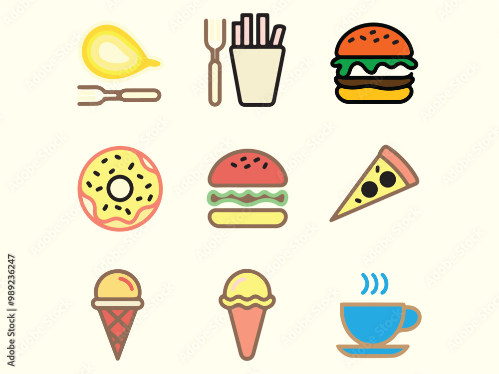 Vector Icon Collection of Popular Fast Food Items – Pizza, Burgers, Ice Cream Vector Icon Collection of Popular Fast Food Items – Pizza, Burgers, Ice Cream