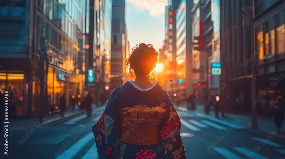 Fototapeta premium Woman in Kimono Against Sunset in Cityscape