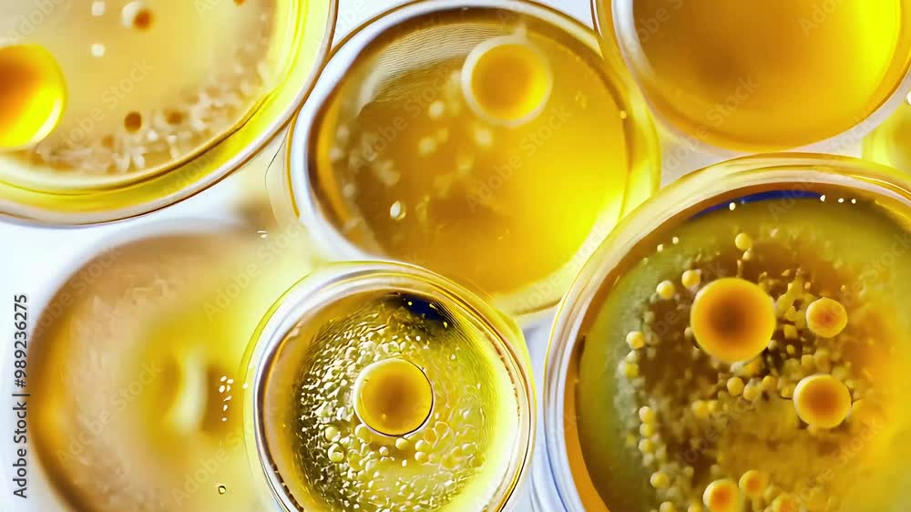 Close-up of vibrant yellow oil droplets suspended in liquid, showcasing a scientific microscopic view of chemical reactions and emulsions.
Close-up of vibrant yellow oil droplets suspended in liquid, showcasing a scientific microscopic view of chemical reactions and emulsions.