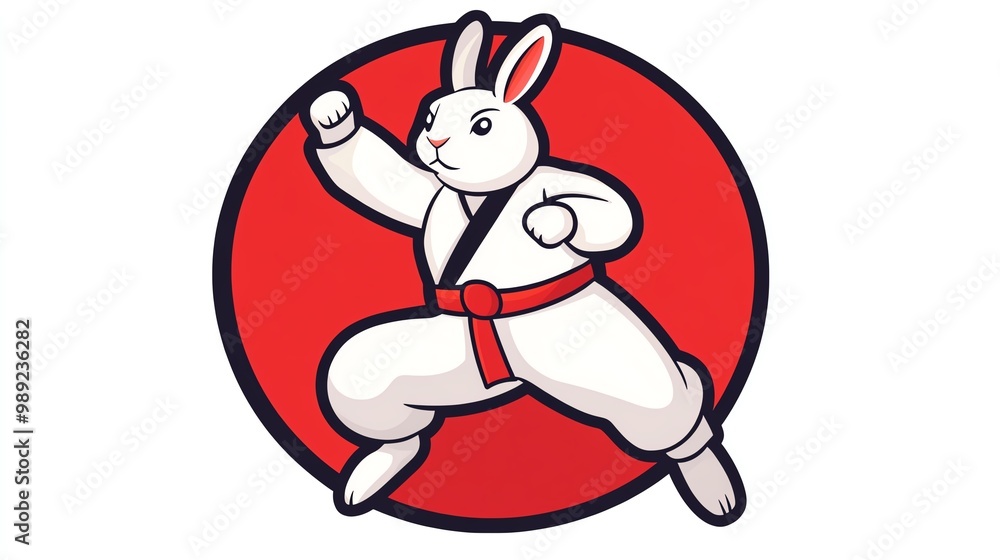 Rabbit practicing Taekwondo, performing a spin kick in midair, intense ...