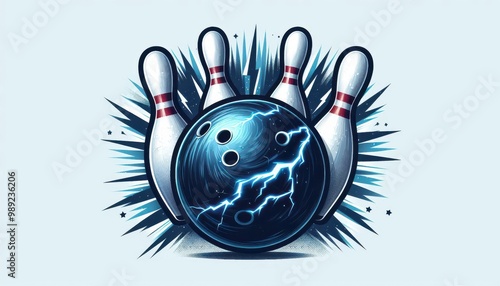 A bowling ball with lightning bolts cracking through it, framed by pins on a light blue starburst background..Concept: Explosive bowling strike, electrifying sports, intense gaming.