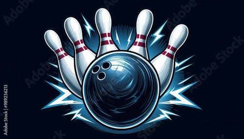  A bowling ball and pins surrounded by electric blue lightning bolts on a dark background..Concept: Powerful bowling strike, energetic sports, dynamic gaming.