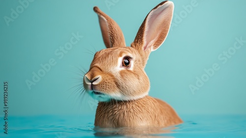 Rabbit practicing synchronized swimming with a team, performing elegant moves in water, colorful and dynamic photo