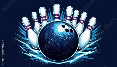 Blue bowling ball and pins with electrifying blue lightning on dark background..Concept: Energetic bowling strike, powerful sports imagery, dynamic gaming graphics.