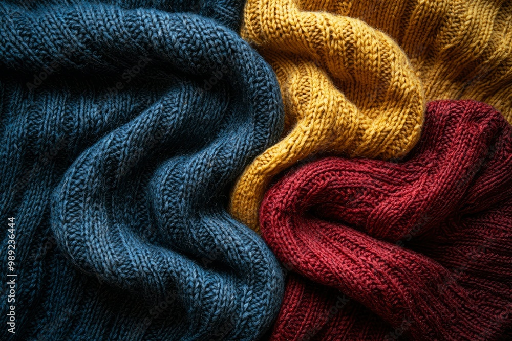 Fototapeta premium A Close-Up of Blue, Yellow, and Red Knit Fabric