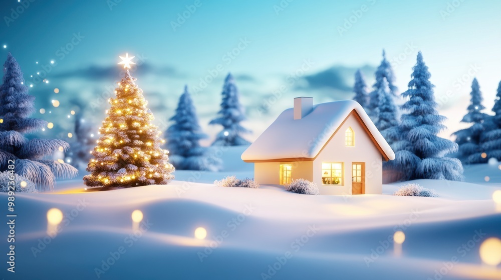 Cozy Christmas winter scene with a snow-covered house, twinkling holiday lights, and a large Christmas tree sparkling in the snowy landscape. Cozy Christmas winter scene with a snow-covered house, twinkling holiday lights, and a large Christmas tree sparkling in the snowy landscape.