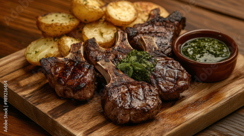 Grilled lamb chops served with roasted potatoes and mint sauce create delicious and savory meal. rich flavors and appealing presentation make it perfect for any occasion