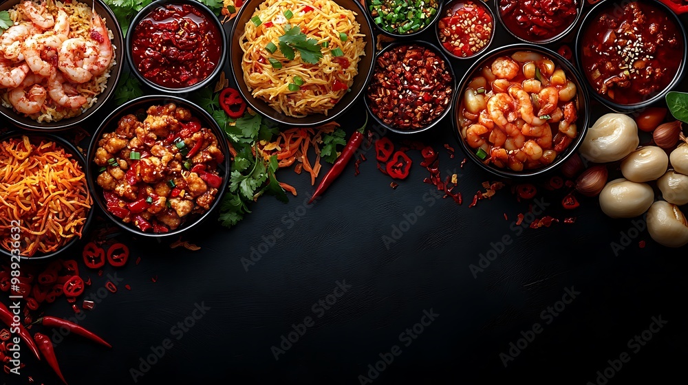 Fototapeta premium Vibrant card dedicated Chinese Japanese food traditions featuring clean 2D layout expansive blank space upper right personalized message subtly highlighted minimal 3D textures enhance cultural theme