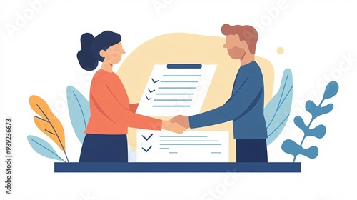 Two people shake hands over a checklist, symbolizing collaboration, agreement, or the completion of a task, surrounded by decorative foliage.