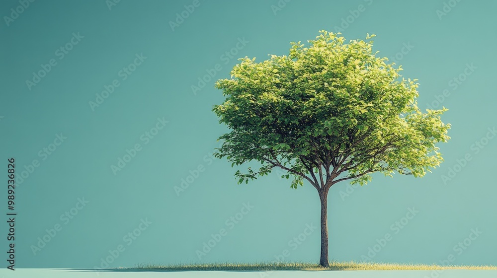 A single, green tree with leaves stands against a blue sky. A single, green tree with leaves stands against a blue sky.