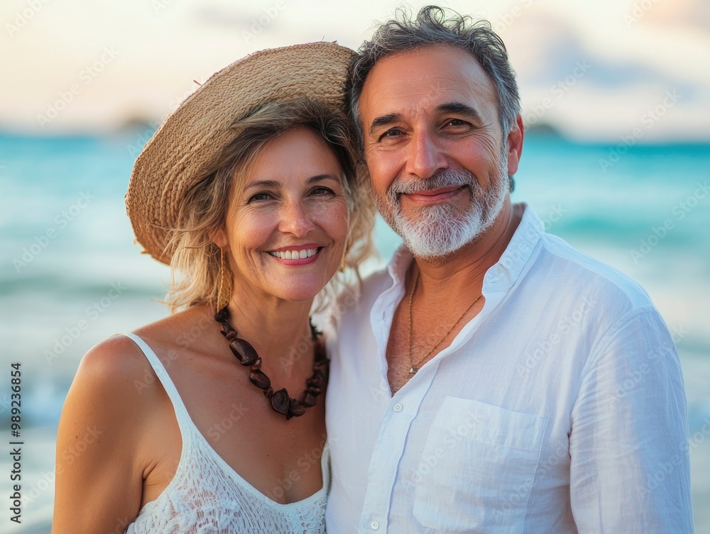 Fototapeta premium Happy mature couple on the beach cuddle during vacation