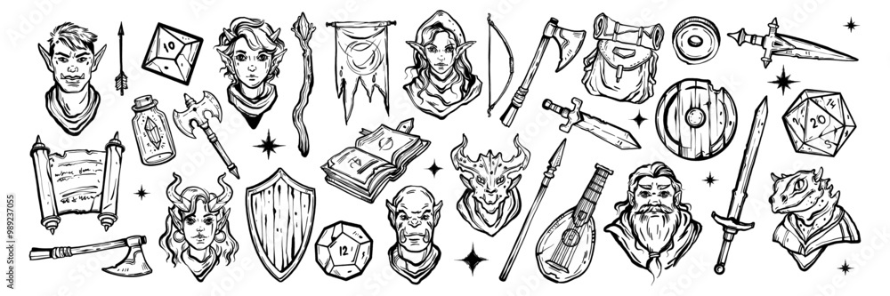 Fototapeta premium Fantasy RPG game icon, medieval dungeon dragon character face, hand drawn vector weapon, shield, bow. Role playing items doodle collection, magic book, sword, wizard staff. Fantasy icon hero art set