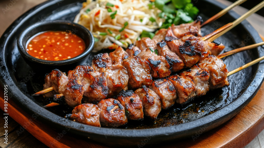 Savor deliciousness of grilled pork skewers served on sizzling plate, accompanied by fresh bean sprouts and flavorful dipping sauce Savor deliciousness of grilled pork skewers served on sizzling plate, accompanied by fresh bean sprouts and flavorful dipping sauce