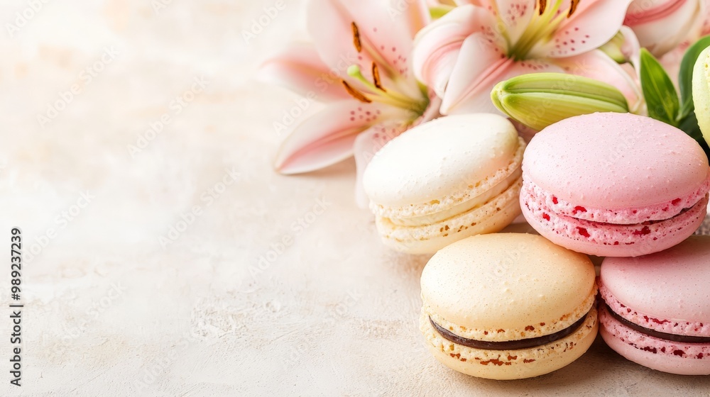 sweet french macarons with a bouquet of lilies - wallpaper concept with copyspace for text sweet french macarons with a bouquet of lilies - wallpaper concept with copyspace for text