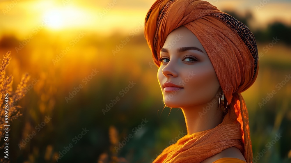A young woman wearing an orange turban poses gracefully in a golden field during sunset, radiating warmth and serenity A young woman wearing an orange turban poses gracefully in a golden field during sunset, radiating warmth and serenity