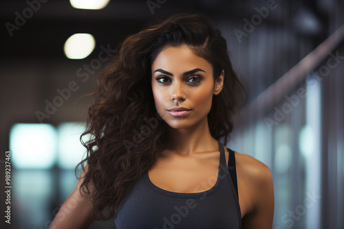 Generated with AI technology portrait of a beautiful woman against gym background