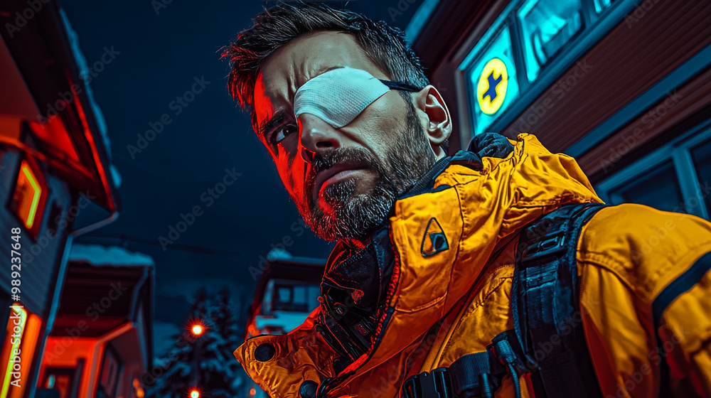 Man in yellow jacket with an eye patch. Man in yellow jacket with an eye patch.