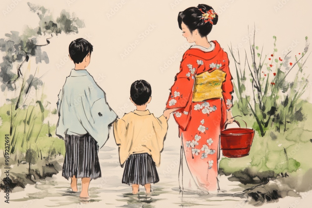 Obraz premium Serene Japanese Ink Artwork of Happy Family Bonding with Children in Joyful Scene
