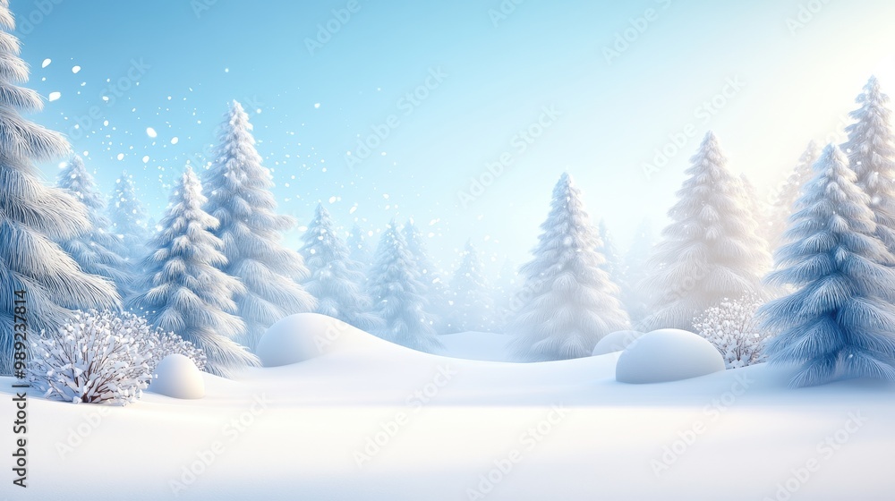 Dense winter forest background with towering, snow-covered pine trees, soft snow falling, and a clear blue sky overhead. Dense winter forest background with towering, snow-covered pine trees, soft snow falling, and a clear blue sky overhead.