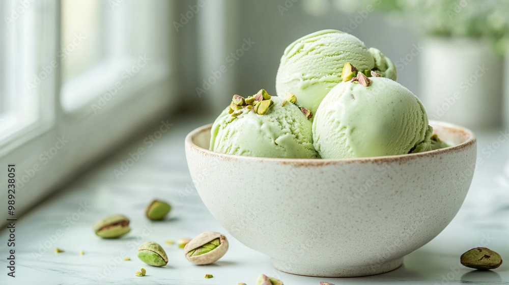 Delicious pistachio ice cream in a bowl on a white marble counter against a bright window Delicious pistachio ice cream in a bowl on a white marble counter against a bright window