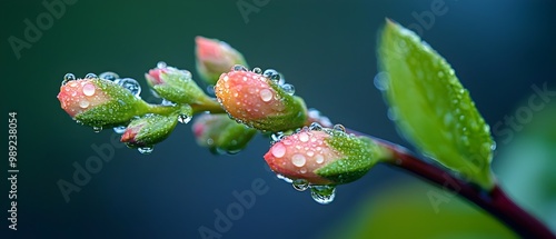 Close up view of vibrant red and pink flower buds on tender green stems with water droplets after a rainy day symbolizing the start of new growth and fresh life in the garden photo