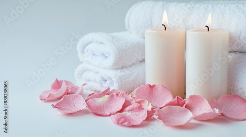 White candles and towels with pink rose petals in a spa setting