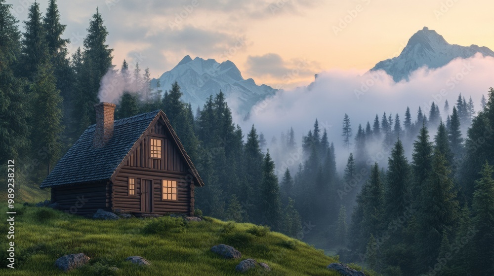 A small cabin in the middle of a forest with mountains behind it, AI A small cabin in the middle of a forest with mountains behind it, AI