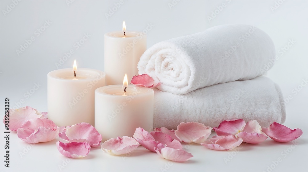 Candles and towels with pink rose petals in elegant spa setting Candles and towels with pink rose petals in elegant spa setting