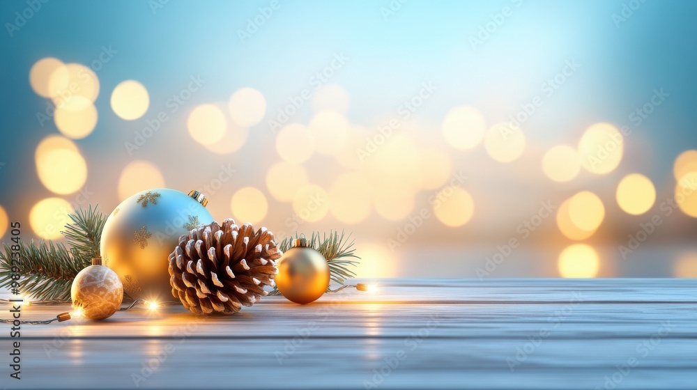 Fototapeta premium Eco-friendly Christmas background with sustainable decorations crafted from natural materials, including pine cones, wood, and recycled ornaments, softly lit by holiday lights.