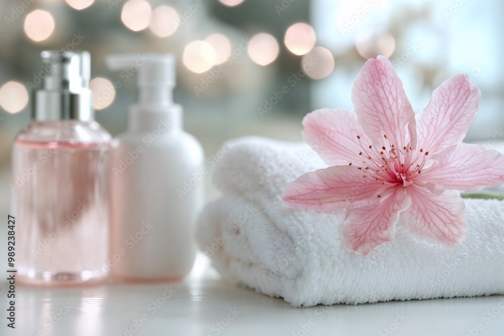 Towel with pink flower and lotion bottles in spa setting Towel with pink flower and lotion bottles in spa setting