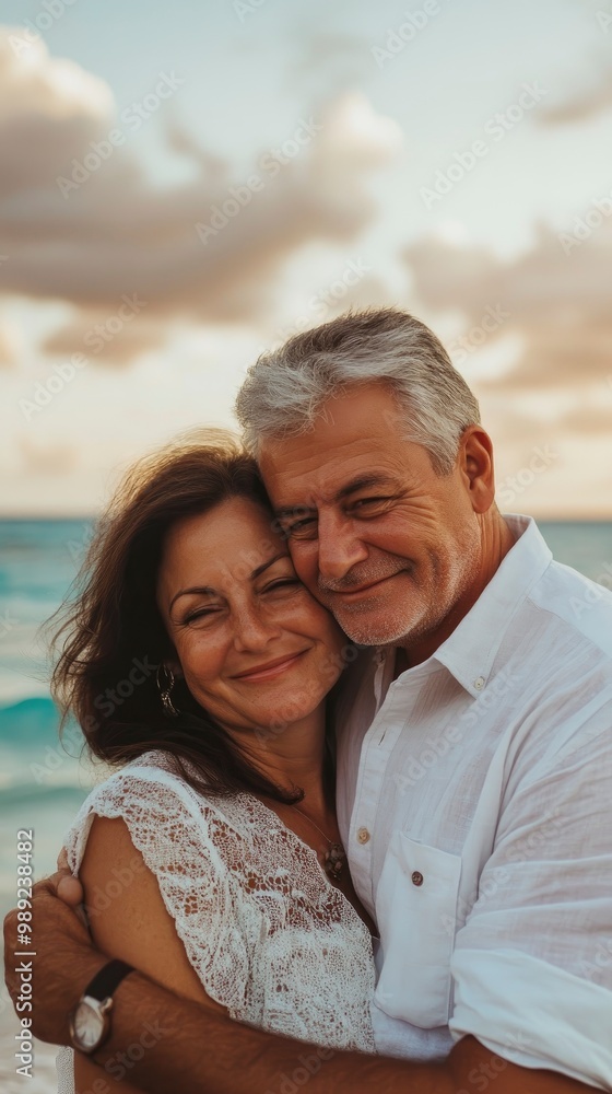 Happy mature couple on the beach cuddle during vacation Happy mature couple on the beach cuddle during vacation