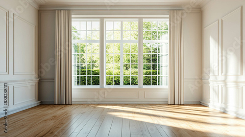 Wallpaper Mural Empty living room with a large and bright window with a light beige curtain Torontodigital.ca