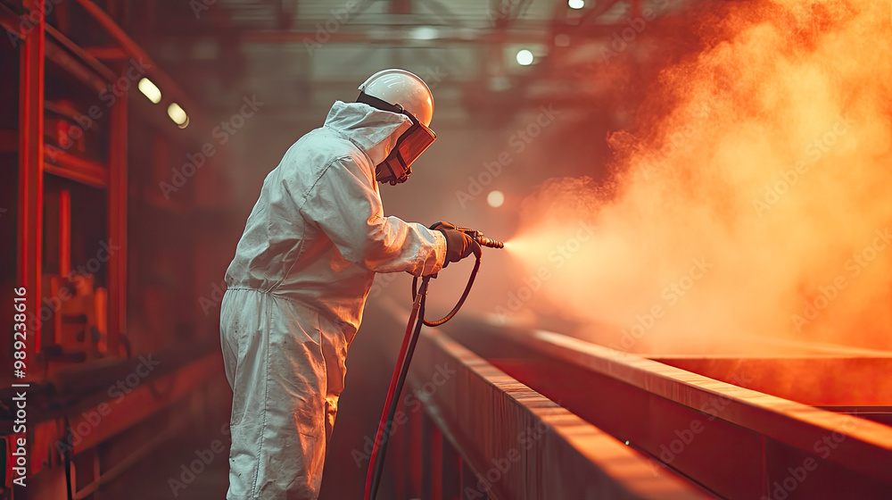 Man in protective suit disinfecting building entrance stock photo. Generative AI Man in protective suit disinfecting building entrance stock photo. Generative AI